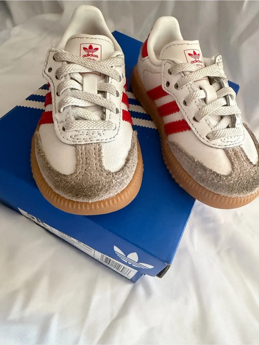 adidas Kids White Sneakers with Red Three-Stripes and Gum Sole